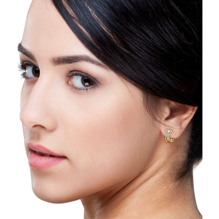 9ct Yellow Gold Diamond Crossover Hoop Stud Earrings 